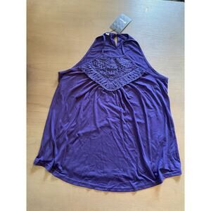 Ficerd Crochet Womens Large Navy Floral Detail Tank Top Boho Festival